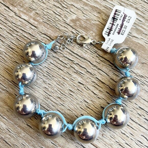 Urban Outfitters Dextra Silver Tone Ball Corded Light Blue Bracelet Adjustable - Picture 2 of 3
